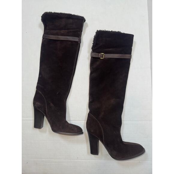 JCrew J Crew Davos Gomma Brown Knee High Suede Leather Boots Women 8 Sherpa Cuff - Picture 5 of 7